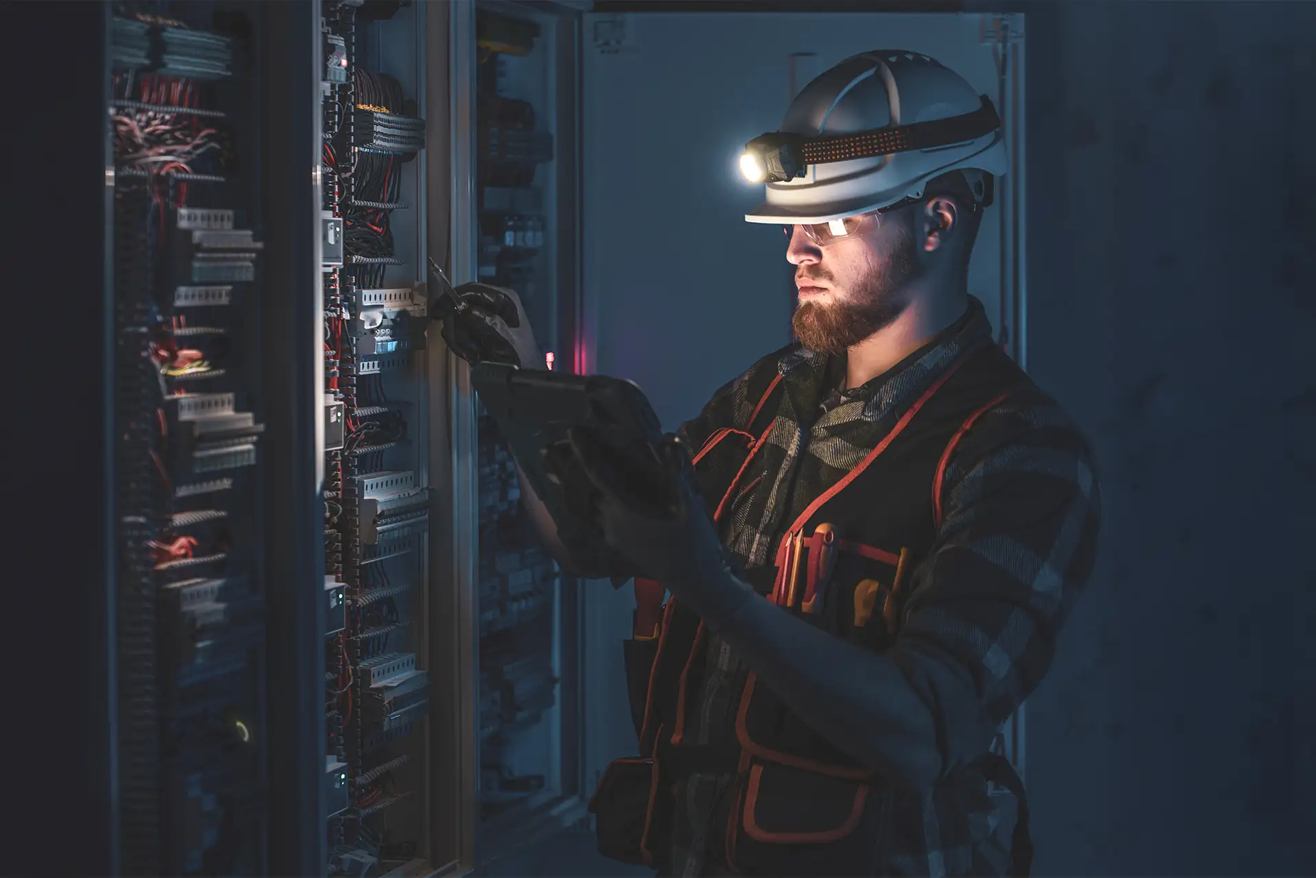 Zur Überprüfung der elektrischen Anlage verwendet ein Elektriker ein Strommessgerät, um die elektrische Anlage an einem Schaltschrank aus Sicherheitsgründen zu prüfen.